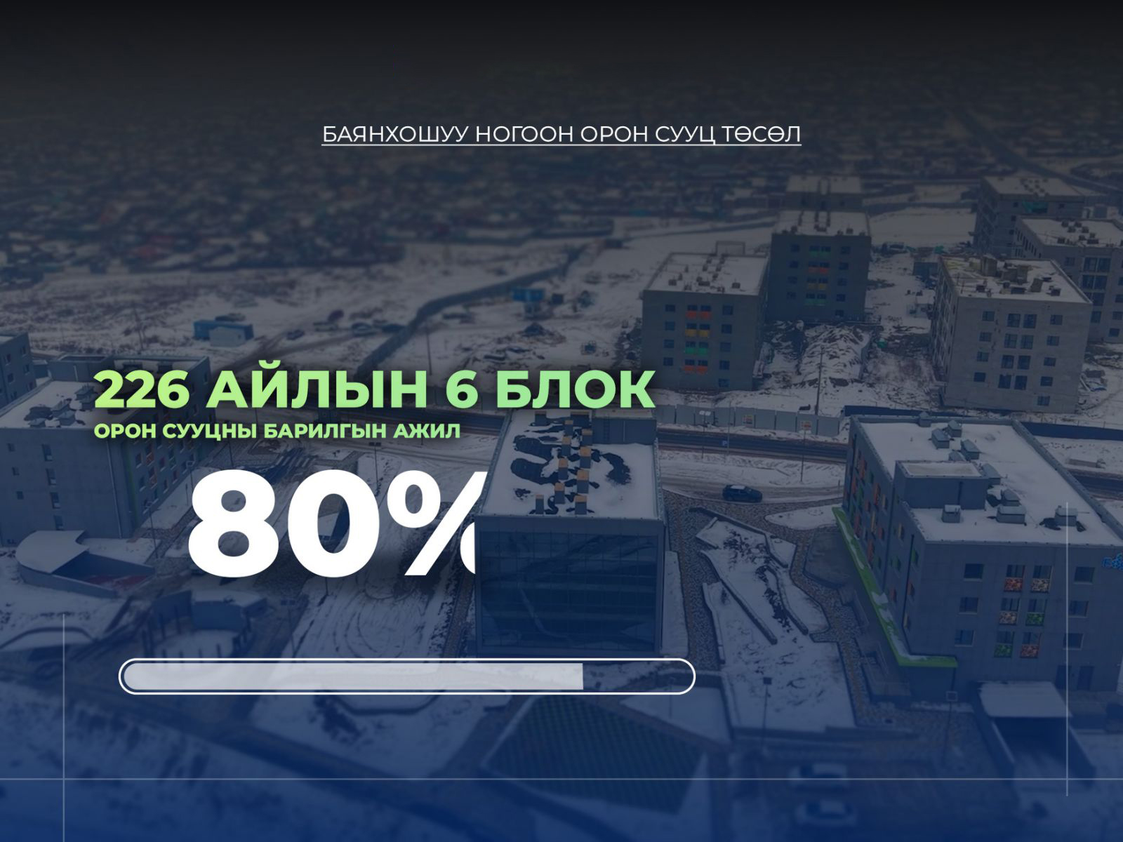 You are currently viewing Баянхошуунд барьж буй 226 айлын орон сууцны барилга угсралтын явц 80 орчим хувьтай байна